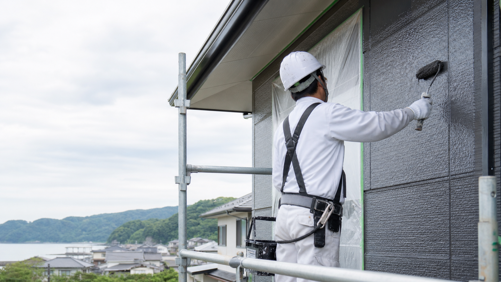 住宅外壁を塗装する職人の施工イメージ